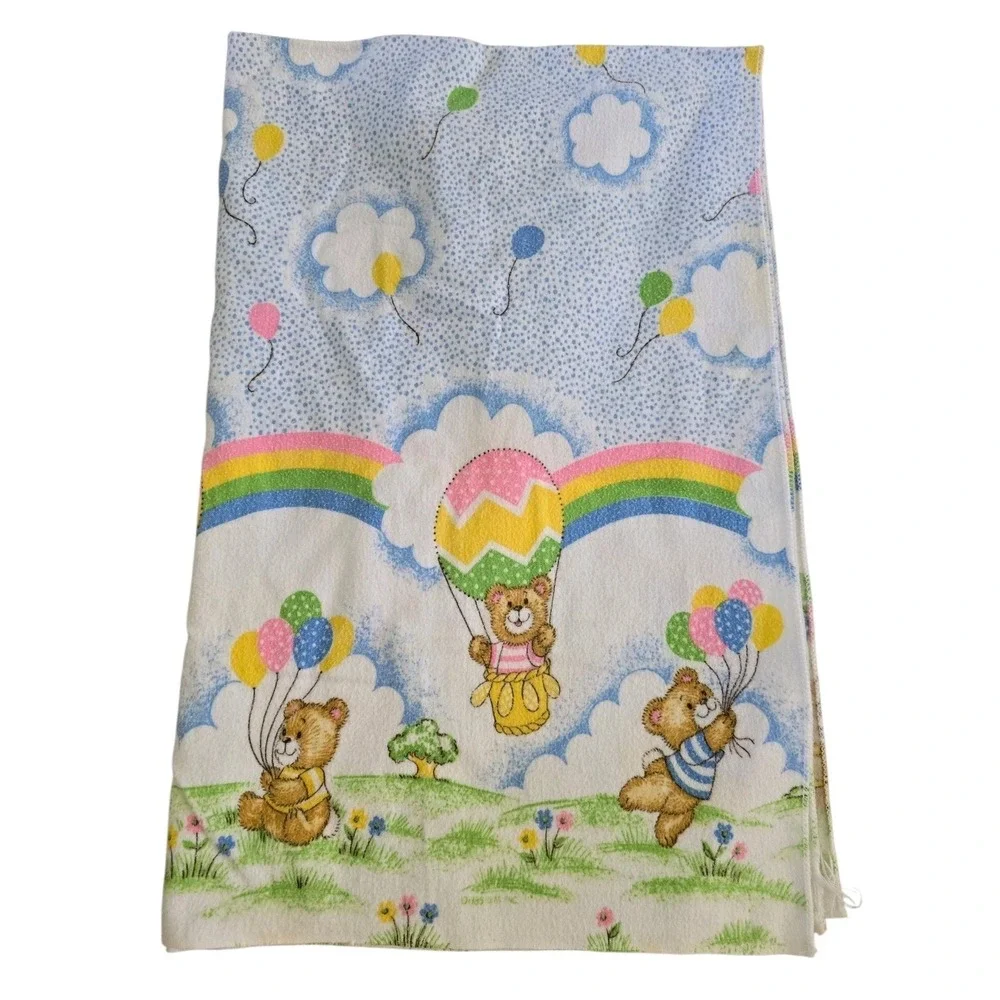 Vintage‎ Toddletime Baby Flannel Blanket Bears Balloons Rainbows 25 x 39
